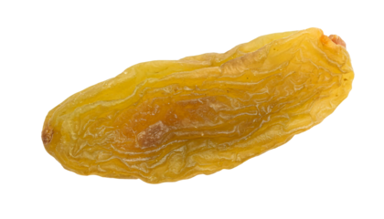 close-up of a single golden raisin on isolated background, dried fruit snack for healthy eating, wrinkled texture of dried grape, detailed macro view, isolated food item
