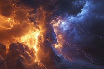 Fototapeta premium Dramatic thunderstorm clouds illuminated by vibrant lightning at twilight