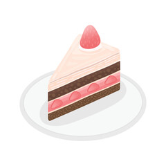 Vector illustration of cake with strawberry cream and chocolate. A slice of strawberry cake.