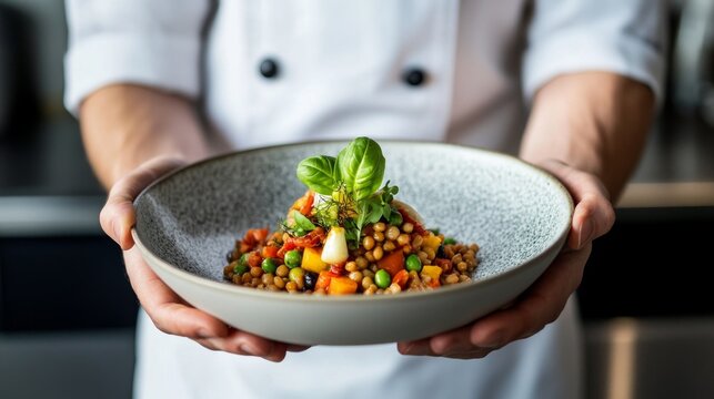 Flavorful meatless plant-based meal with fresh vegetables, grains, and legumes, plated beautifully to highlight the delicious and sustainable aspects of plant-based cuisine