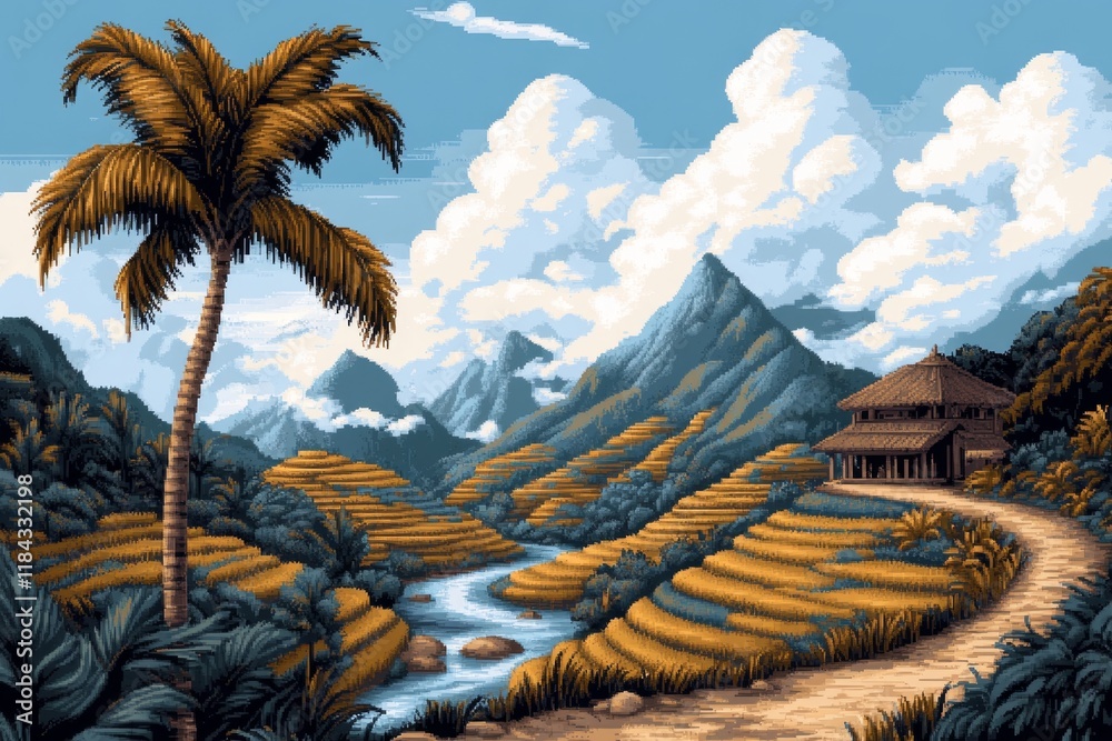 Poster a charming pixel art depiction of ubud rice terraces, with animated palm trees swaying and water flo