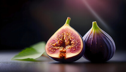 Background of freshly picked and cleaned figs with green leaves  slice of fig fruit fig fruits cut out on a black background. fig fruit. fig fruit slice. purple banner. copy space. generative ai