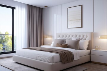 Fototapeta premium Modern Elegant Bedroom Interior Featuring Soft Neutral Tones and Large Windows for Natural Light in a Cozy Contemporary Design