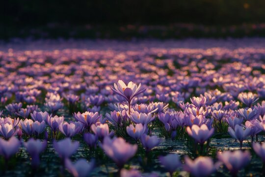 Field of Purple Crocuses in Bloom, One Flower Outshines Others Symbolizing Determination and Growth Amidst Competition in Spring Sa Pa