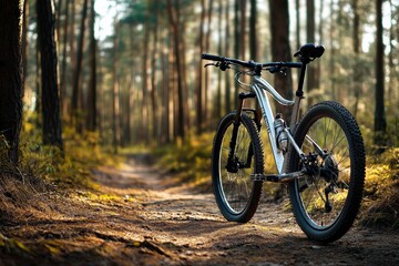 Naklejka premium A mountain bike parked against a scenic forest backdrop.