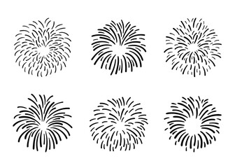 Doodle monochrome fireworks set. Collection of fireworks icons, vector illustration, isolated on white background. Holiday banner