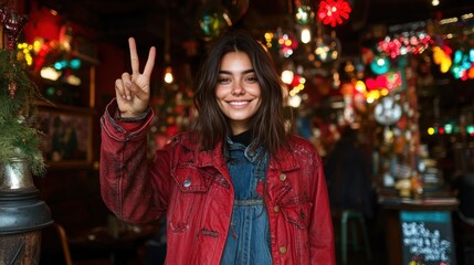 Obraz premium A cheerful young woman dressed in a red jacket flashes a peace sign in a vibrant setting filled with colorful lights, evoking a sense of joy and carefree spirit.