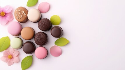 Colorful Macarons Arrangement with Floral and Leaf Accents