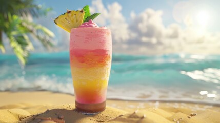 Obraz premium Layered Tropical Beach Cocktail on Sandy Shore.