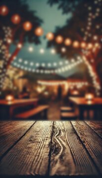 Empty wood table for product display in blur background of admirable restaurant at night