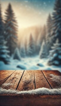 The empty wooden table top with blur background of winter in Finland. Exuberant image.