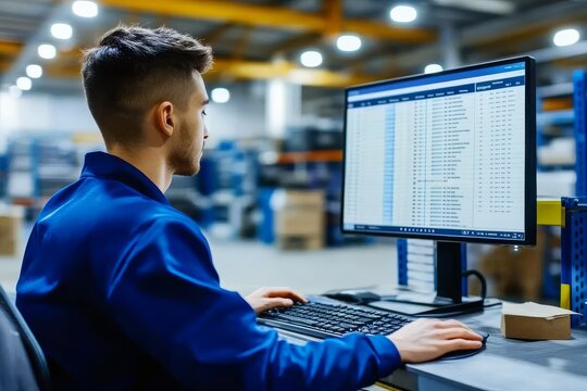 Warehouse worker analyzing data on a computer screen.