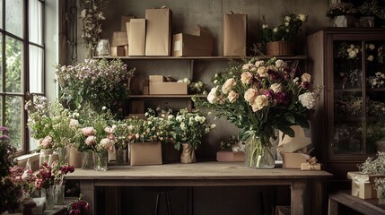 Fototapeta premium A rustic floristâ€™s workspace with freshly cut flowers and wrapping paper
