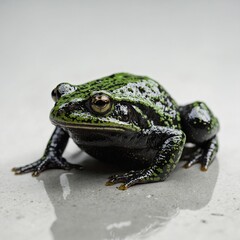 Obraz premium A black frog with tiny green specks on its skin, white background.