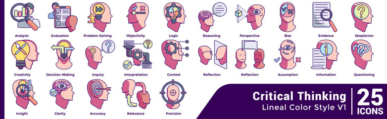 Critical Thinking icon set 25 in lineal Color style
