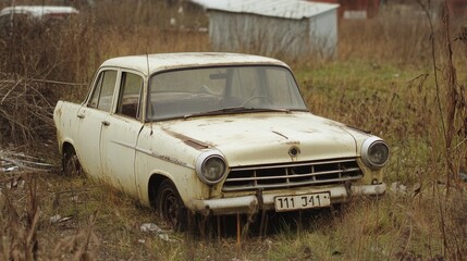 Rusty vintage car abandoned in overgrown field.