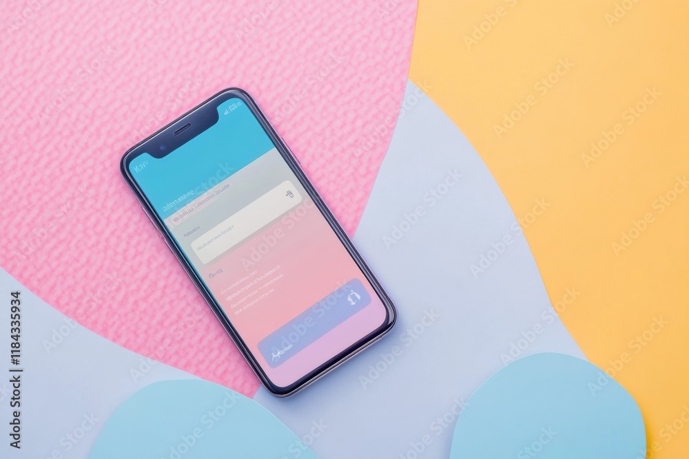 Poster modern smartphone shows messenger chat with vibrant background colors in a casual setting. generativ