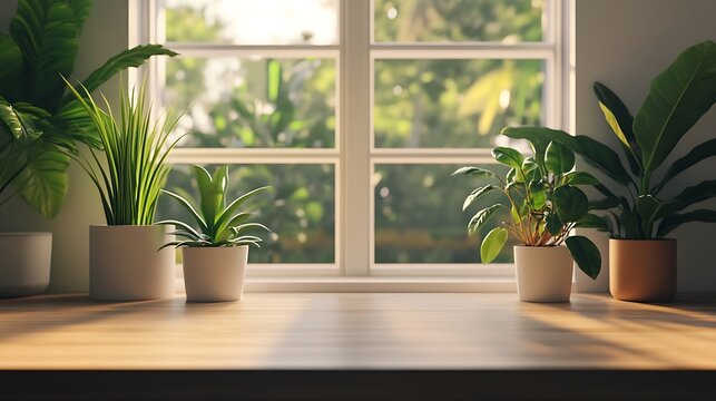 Clean and Inviting 3D Workspace Surrounded by Lush Indoor Plants, Emphasizing Nature's Calmness and Tranquility for a Productive Environment