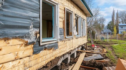 Exterior of a house under demolition or renovation, with exposed wooden siding, broken windows, and construction debris.