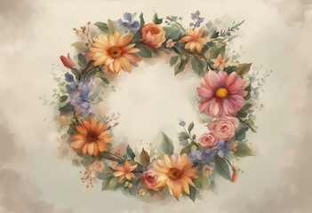 A delicate watercolor floral wreath composed of vibrant spring blooms and lush green foliage