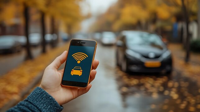 hand holds a smartphone with a ride-sharing app open, displaying a car icon and a WiFi symbol