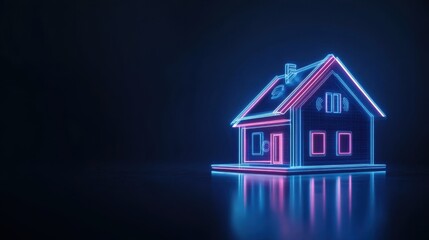 Neon House Outline in 3D with Glowing Edges on Dark Background for Creative Visual Designs and Concepts