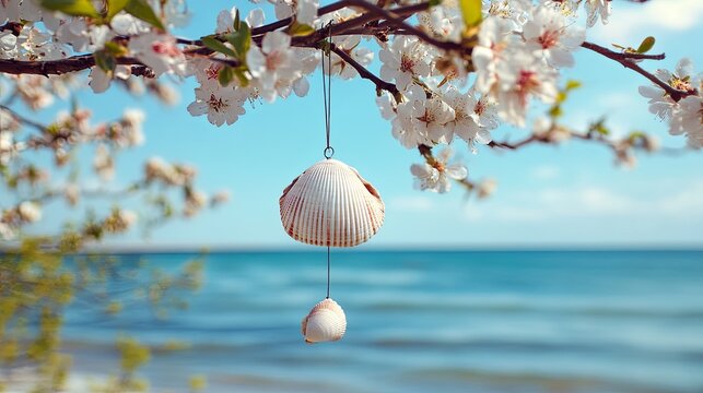A seashell wind chime hanging from a blossoming tree branch near the shore