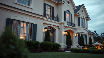 Naklejka premium A large, tan-colored house with dark shutters and landscaping is shown at dusk. The house features multiple windows, arched entryways, and exterior lighting. The lawn is neatly manicured.