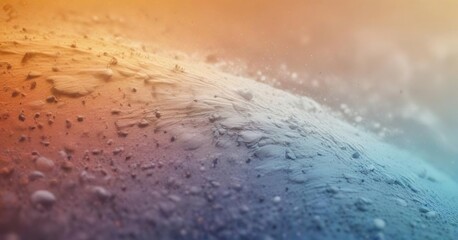 Vibrant gradient of warm and cool colors transitioning from deep orange to sky blue on a textured background with random white noise speckles and yellow accents, abstract, white noise