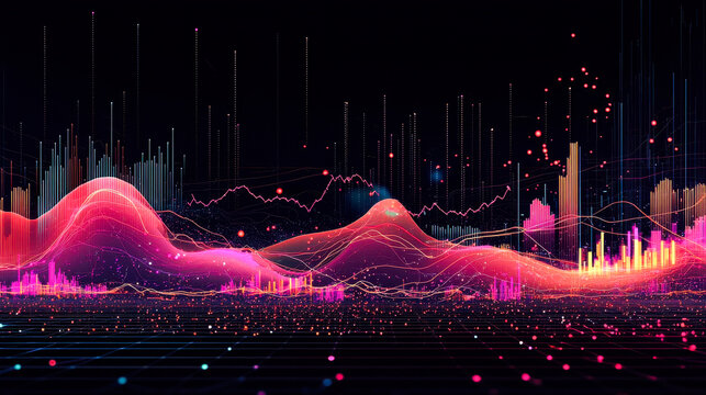 Abstract digital data visualization of pink and orange waves with dots and bars