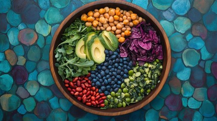 Vibrant plant-based vegan bowl filled with fresh greens, grains, legumes, and colorful toppings, emphasizing healthy, sustainable eating with a focus on meatless dishes
