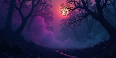 Fototapeta premium Mystical twilight scene a winding creek flows through a dark forest under a vibrant purple sunset