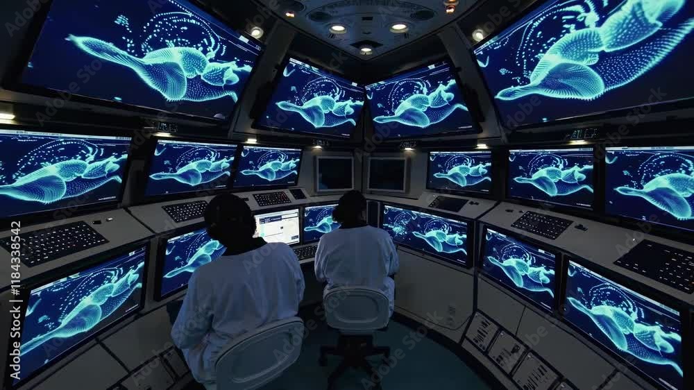 Poster advanced technology control room showcasing multiple screens displaying dinosaur animations