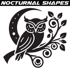 Intricate Black and White Owl Perched on Crescent Moon. Nocturnal silhouette