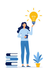 woman holding light bulb symbolizes creativity and inspiration, surrounded by books and plant. This illustration represents learning and innovative ideas
