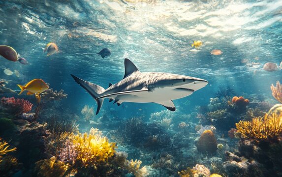 Gray shark gliding over Caribbean coral reef in National Geographic-style underwater scene