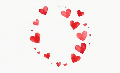 Valentine's day illustration, heart wreath, red hearts, watercolor style, white background, romantic design, delicate brushstrokes, minimalist composition, love theme, soft pink accents, floating hear