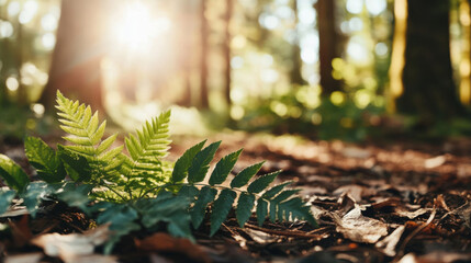 Sunlight streams through trees in a forest, illuminating ferns growing on the forest floor covered in dry leaves and creating a peaceful, natural scene