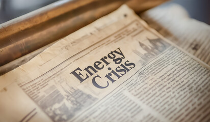 Vintage newspaper featuring 'Energy Crisis' in bold black ink, showing signs of aging with curled edges and faded print. The headline emphasizes historical economic and environmental challenges.