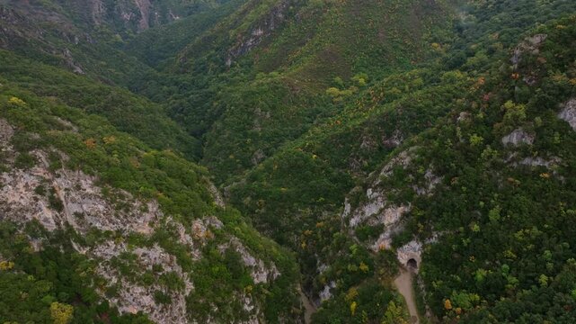 Aerial view of the serene Acheron Springs with a winding river surrounded by lush forest and rugged mountains, Epirus, Greece.