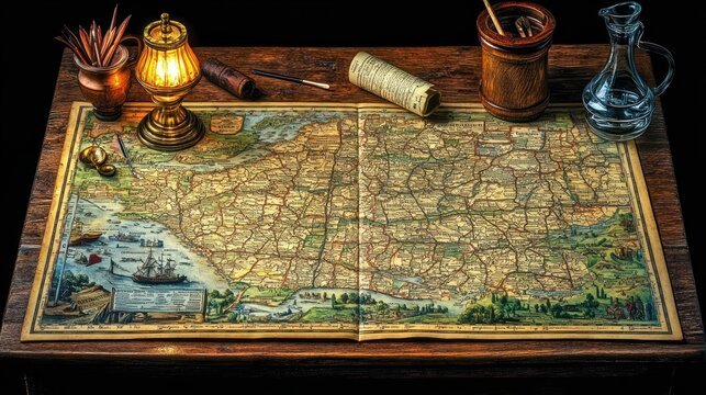 Antique map, compass, and writing tools on a wooden table.