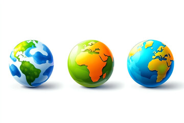 Three colorful globe illustrations representing Earth's diverse landscapes and global connectivity.