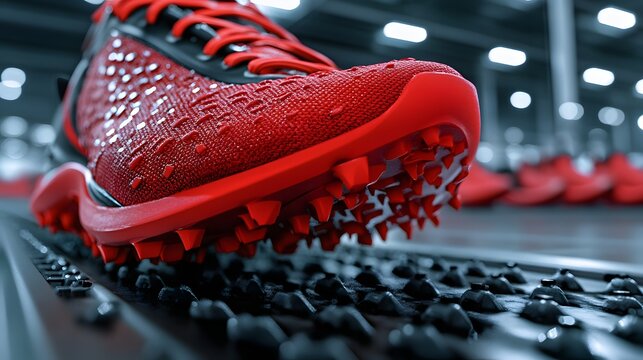 Close-Up of a Red Sports Shoe with Spikes on an Athletic Field Surface, Showcasing Innovative Design and Performance for Track and Field Athletes