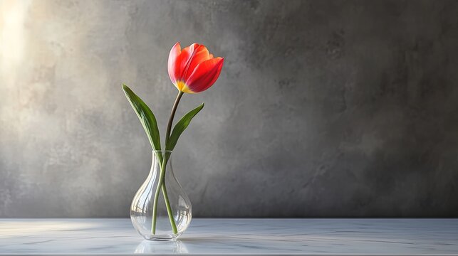 A single tulip in a clear vase on a white marble table with a gray backdrop