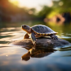 Fototapeta premium wA tiny turtle resting on a smooth rock, surrounded by rippling water and soft sunlight, creating a serene and natural ambiance