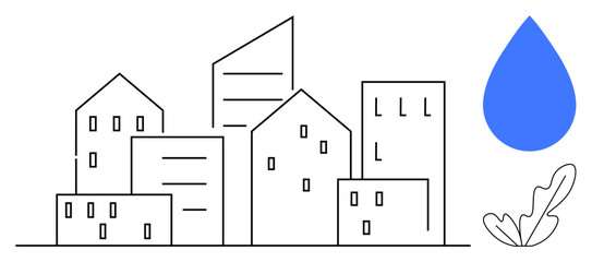 City skyline with various buildings, blue water droplet, abstract plant leaf. Ideal for urban planning, sustainability, eco-friendly initiatives, real estate, architecture, environmental awareness