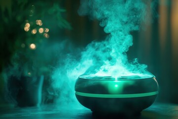 Aromatic diffuser releasing calming steam in a cozy indoor setting near soft lighting