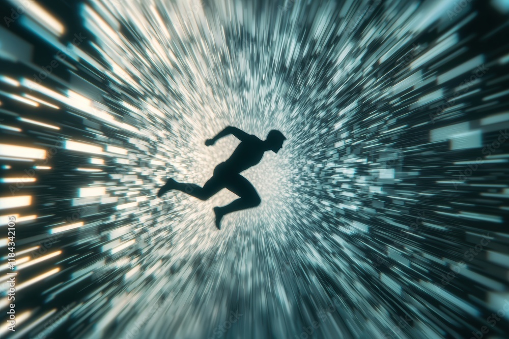 Poster dynamic figure in motion surrounded by abstract light and speed blur background