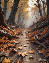 Fototapeta premium a forest floor lined with dry leaves and branches after a heavy fall, seasonal change, branches