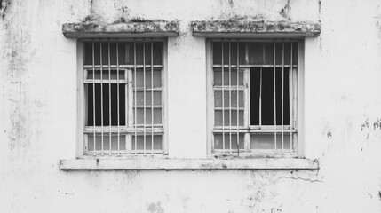 Two barred windows in a weathered white wall.